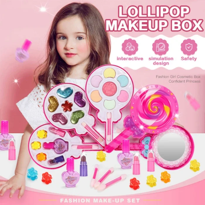 Fashion Washable Makeup Toys Lollipop Cosmetic Toy Girl Gift Box Kids Make Up Kit for Girls