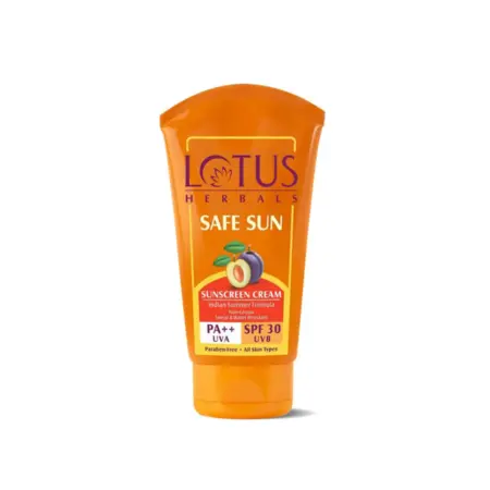 Lotus Herbals Safe Sun Sunscreen Cream SPF 30 PA++ for sun protection.