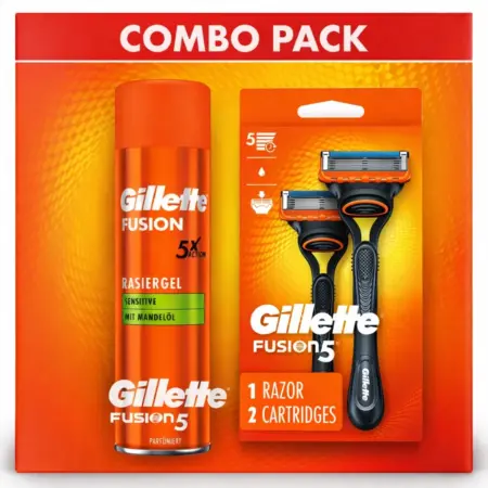 Gillette Fusion 5X Action Shaving Gel and Razor Handle with 2 Razor Combo Pack
