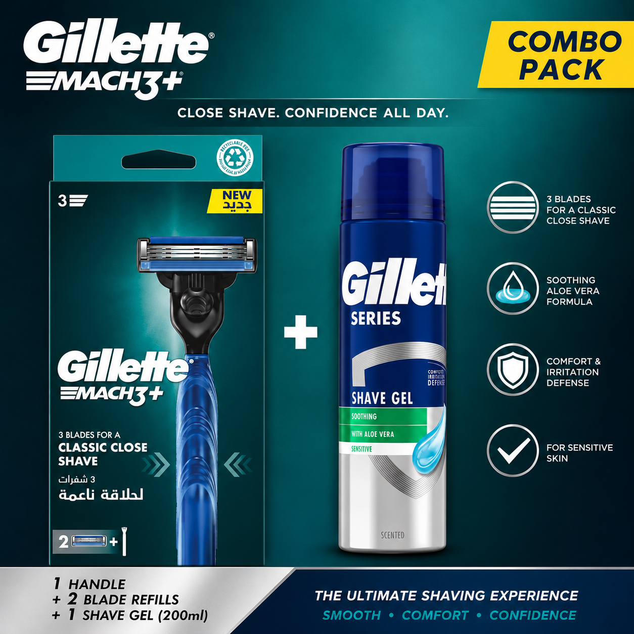 Gillette Mach3+ Razor with 2 Blade Refills And Gillette Series Shave Gel Combo Pack